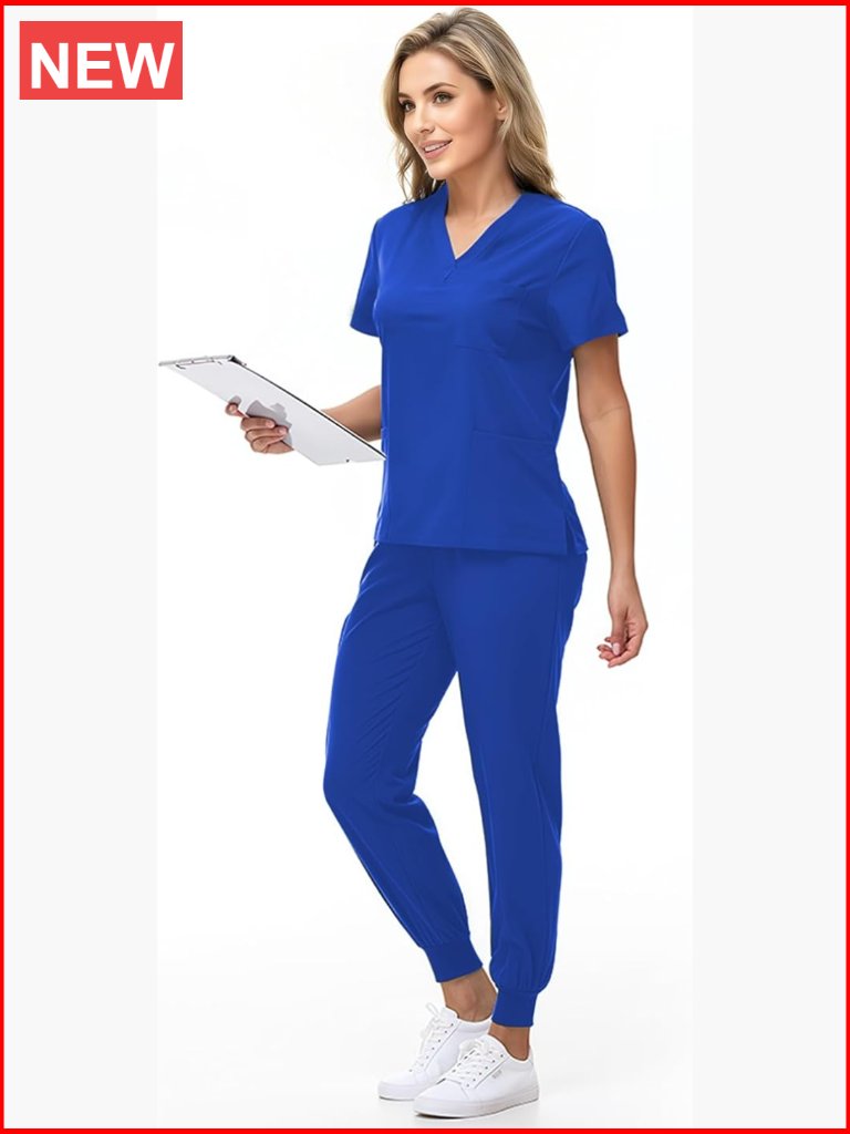 Women's Scrub Set V-Neck Top & Jogger Pant 8 Pockets Stretch Medical Uniform